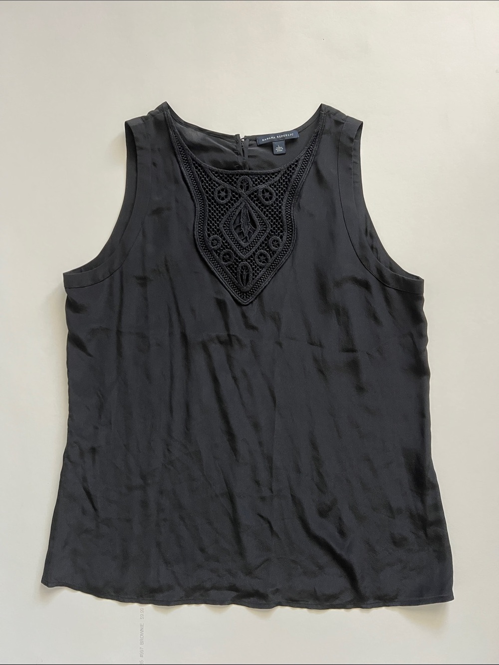 Banana Republic Black Sleeveless Silk Camisole with Crochet Yoke